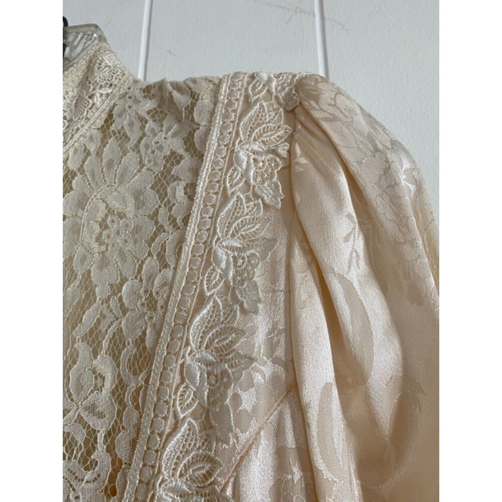 Vintage 80s Jessica McClintock Cream Lace Gown M - Picture 9 of 13